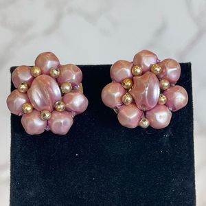Vintage Pink Beaded Clip On Earrings Signed Hong Kong